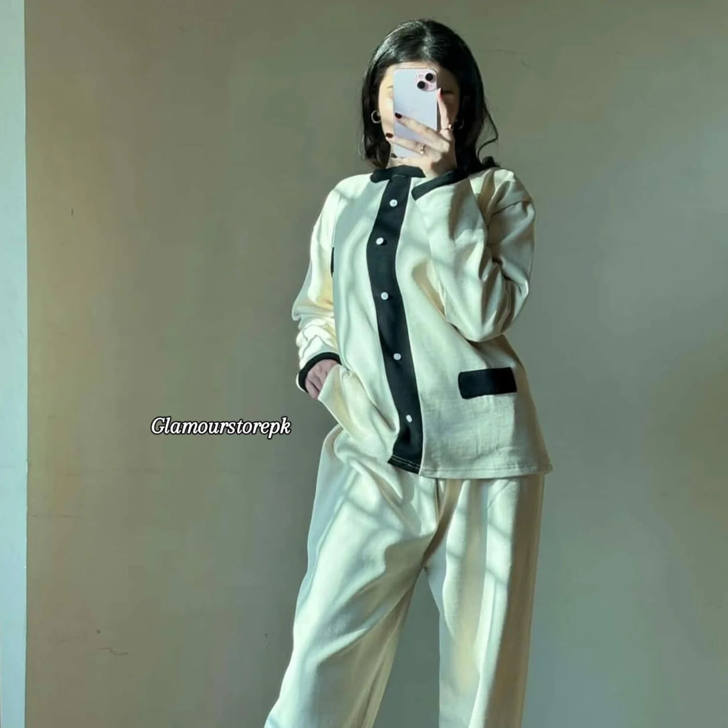 Knit Two-Piece Set with Black Contrast Detailing . .