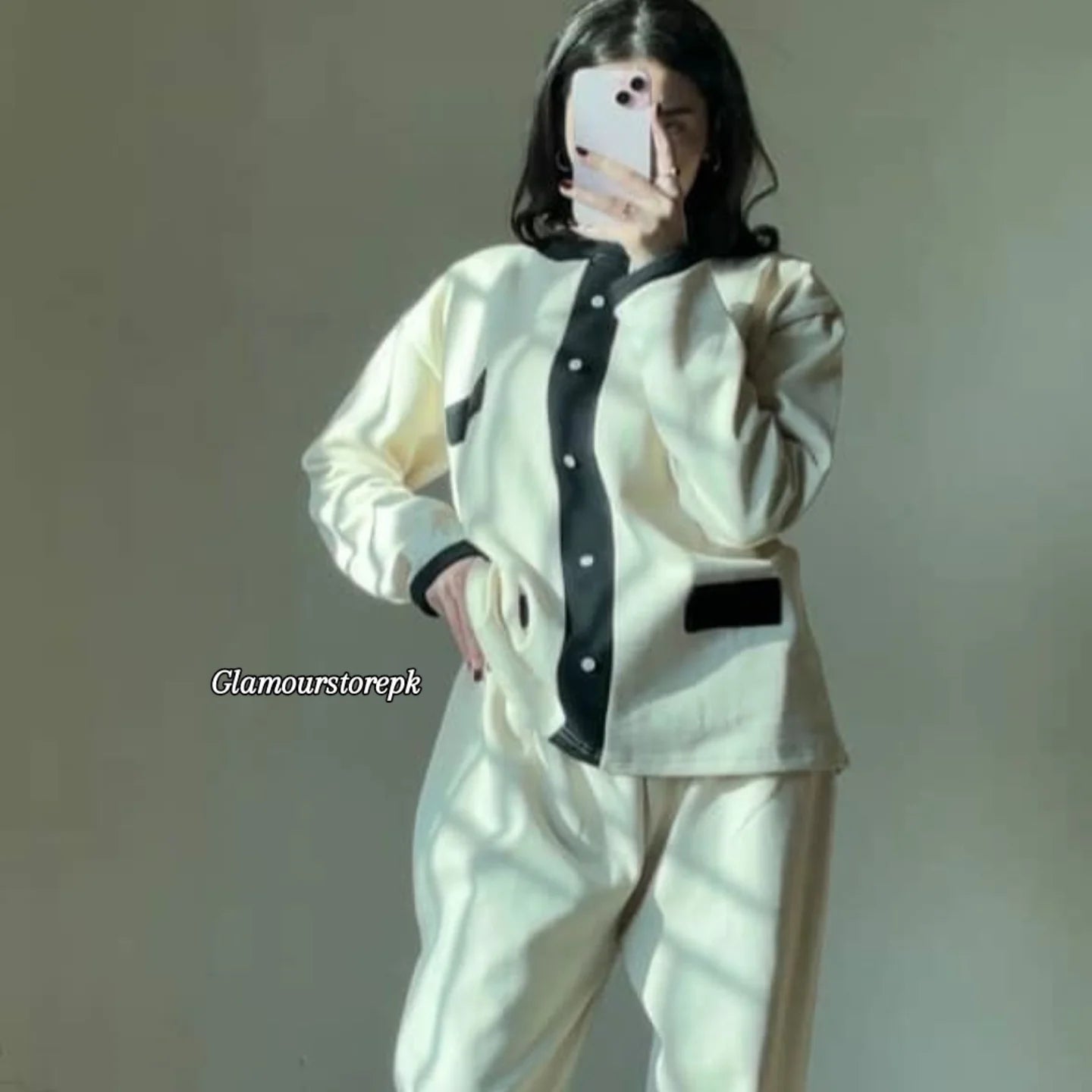 Knit Two-Piece Set with Black Contrast Detailing . .