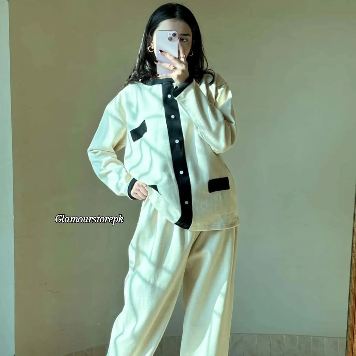 Knit Two-Piece Set with Black Contrast Detailing . .