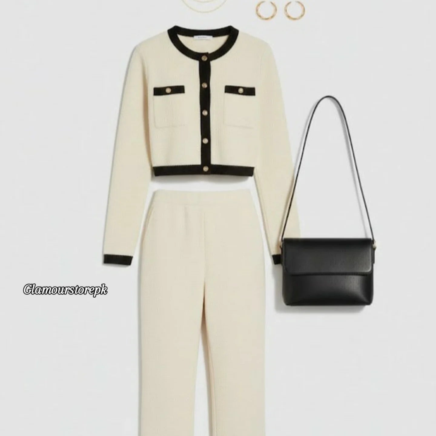 Knit Two-Piece Set with Black Contrast Detailing . .