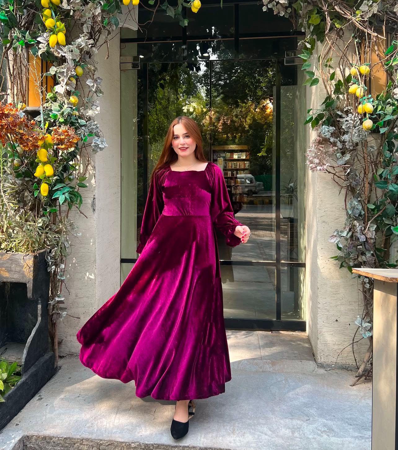 Elegant Plum Velvet Maxi Dress with Long Sleeves