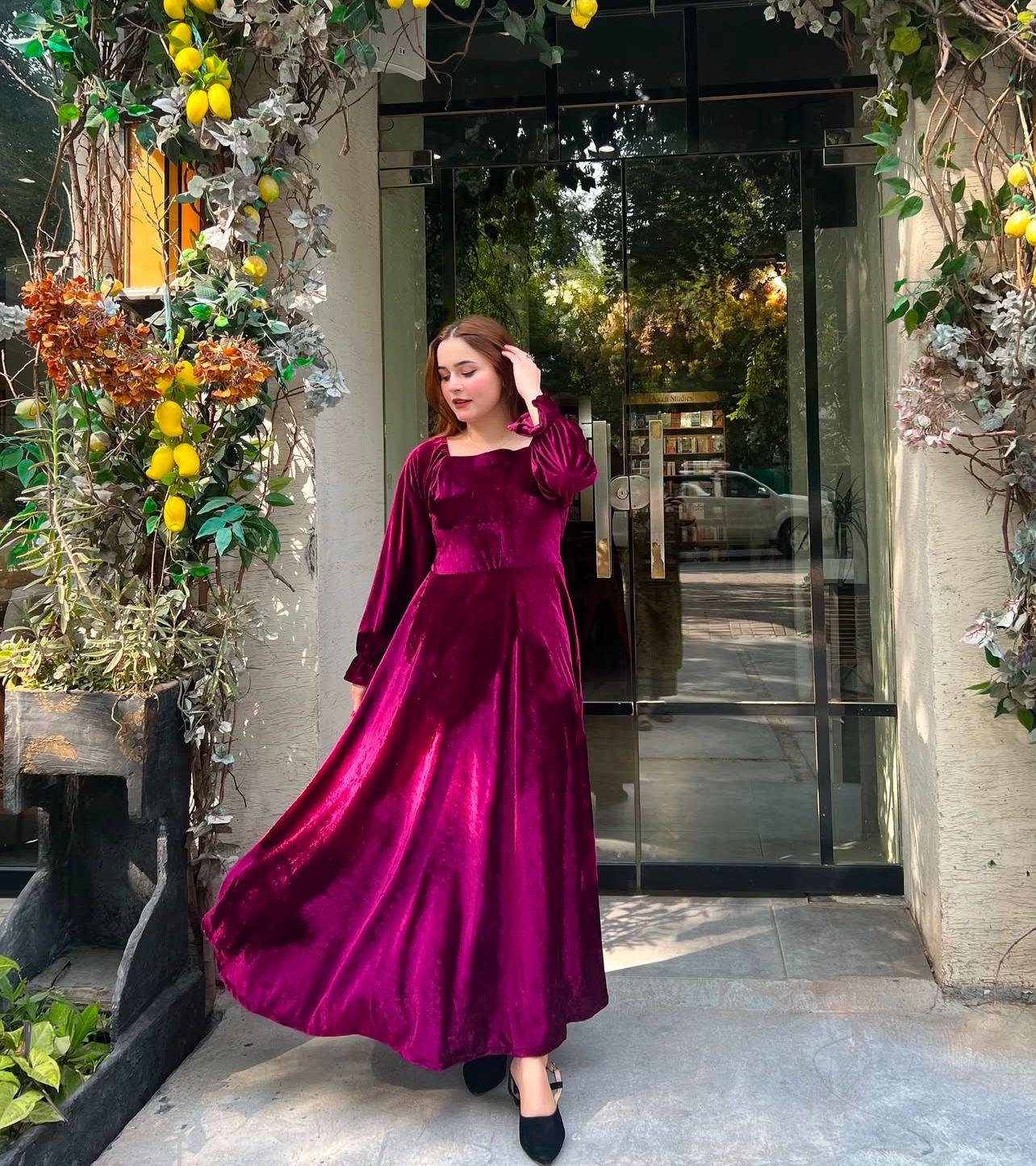Elegant Plum Velvet Maxi Dress with Long Sleeves