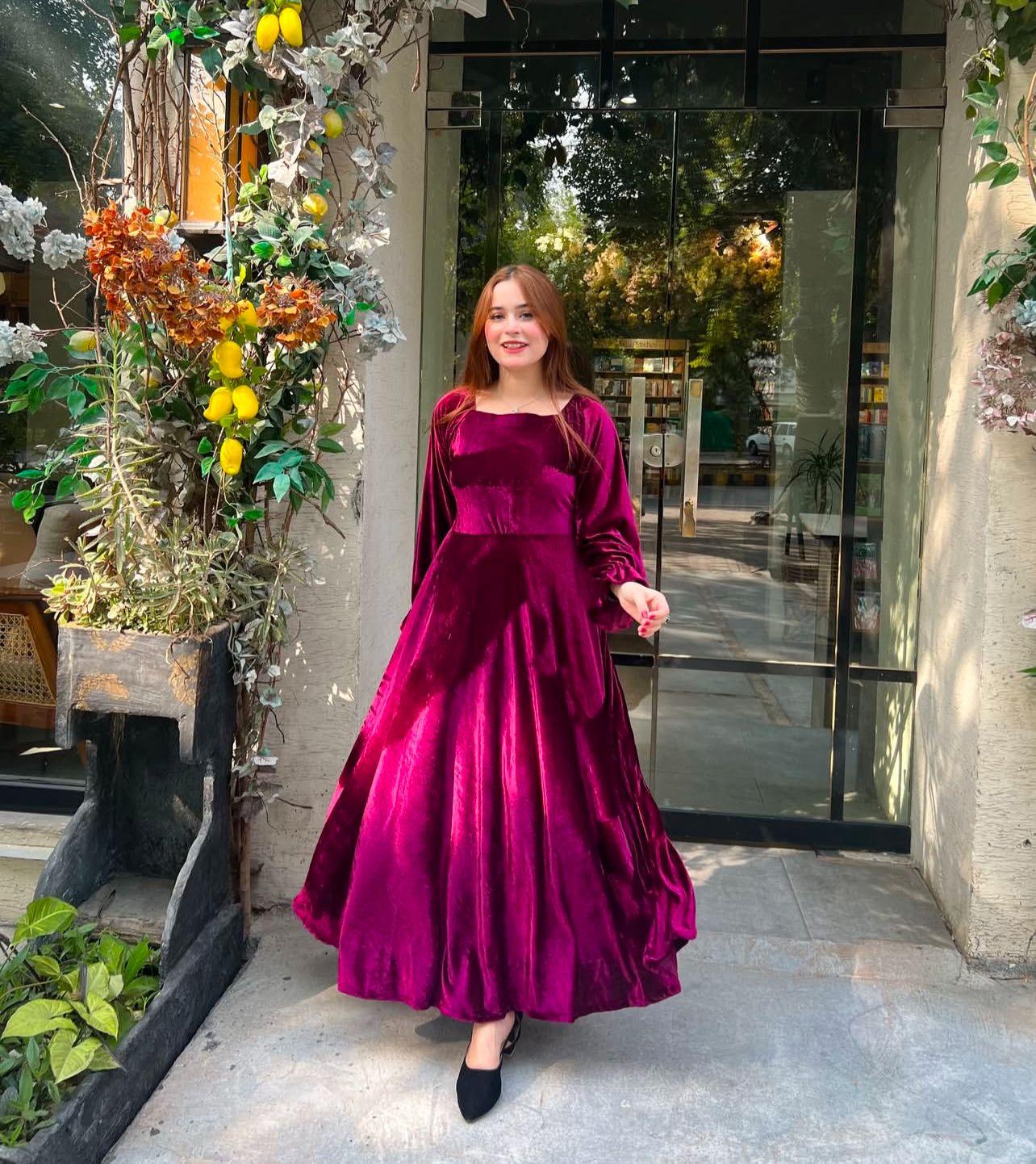 Elegant Plum Velvet Maxi Dress with Long Sleeves
